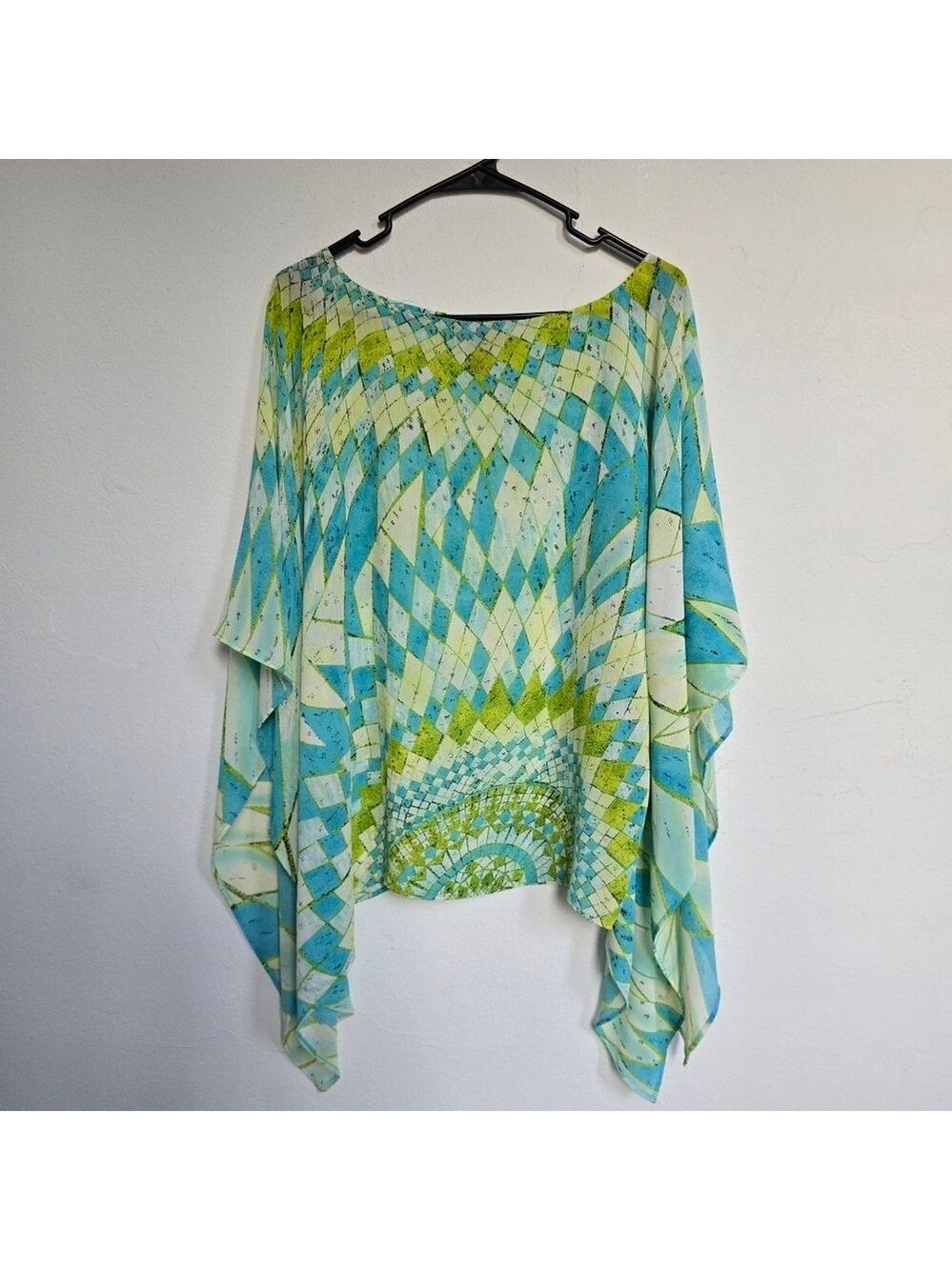Marianne Retro Oversize Sheer Batwing Blouse Blue Green Geo Print Size Medium